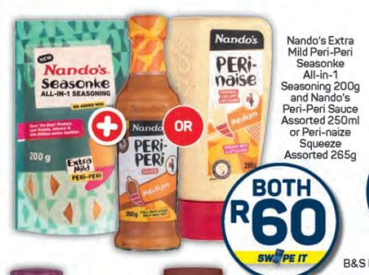Nando’s Extra Mild Peri-Peri Seasonke All-in-1 Seasoning 200g and Nando’s Peri-Peri Sauce Assorted 250ml or Peri-naize Squeeze Assorted 265g