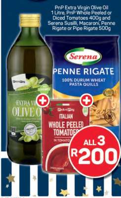 PnP Extra Virgin Olive Oil 1 Litre, PnP Whole Peeled or Diced Tomatoes 400g and Serena Susilli, Macaroni, Penne Rigate or Pipe Rigate 500g