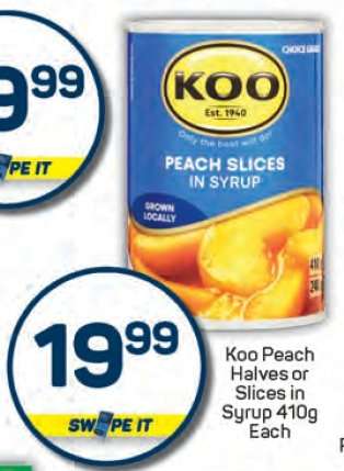 Koo Peach Halves or Slices in Syrup 410g Each