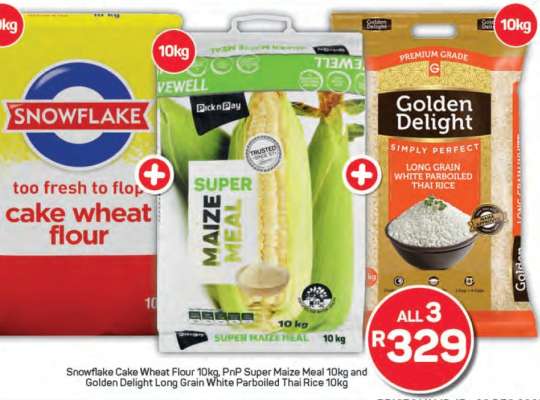 Snowflake Cake Wheat Flour 10kg, PnP Super Maize Meal 10kg and Golden Delight Long Grain White Parboiled Thai Rice 10kg