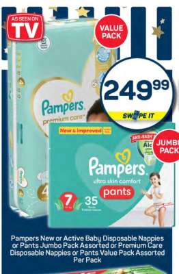 Pampers New or Active Baby Disposable Nappies or Pants Jumbo Pack Assorted or Premium Care Disposable Nappies or Pants Value Pack Assorted Per Pack