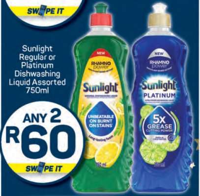 Sunlight Regular or Platinum Dishwashing Liquid Assorted 750ml