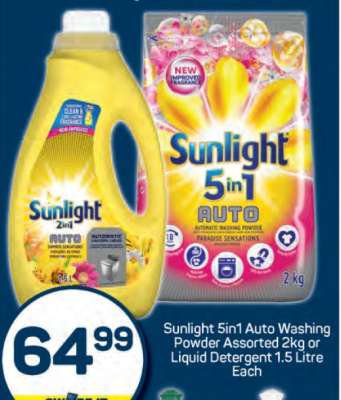 Sunlight 5in1 Auto Washing Powder Assorted 2kg or Liquid Detergent 1.5 Litre Each