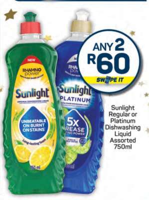 Sunlight Regular or Platinum Dishwashing Liquid Assorted 750ml