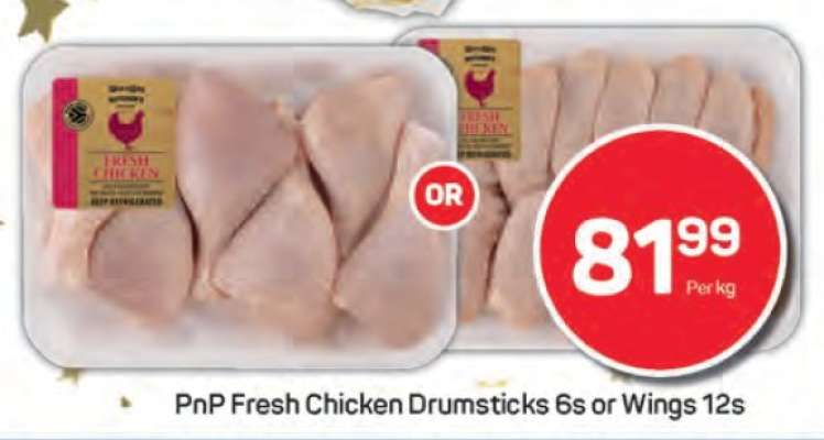 PnP Fresh Chicken Drumsticks 6s or Wings 12s