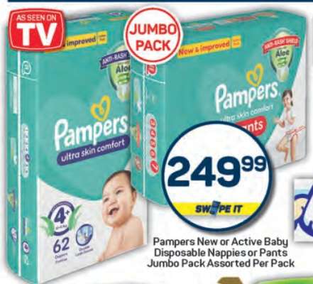Pampers New or Active Baby Disposable Nappies or Pants Jumbo Pack