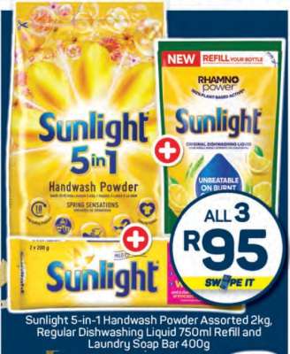 Sunlight 5-in-1 Handwash Powder Assorted 2kg, Regular Dishwashing Liquid 750ml Refill and Laundry Soap Bar 400g