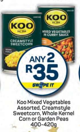 Koo Mixed Vegetables Assorted, Creamstyle Sweetcorn, Whole Kernel Corn or Garden Peas