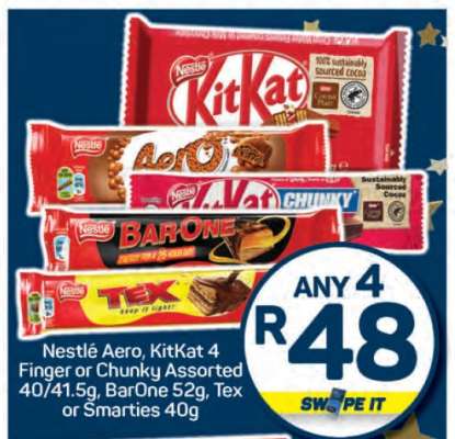 Nestlé Aero, KitKat 4 Finger or Chunky Assorted, BarOne, Tex or Smarties