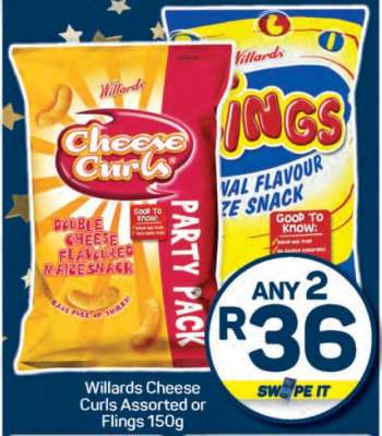 Willards Cheese Curls Assorted or Flings 150g