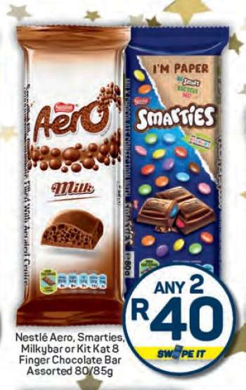 Nestlé Aero, Smarties, Milkybar or Kit Kat 8 Finger Chocolate Bar Assorted 80/85g