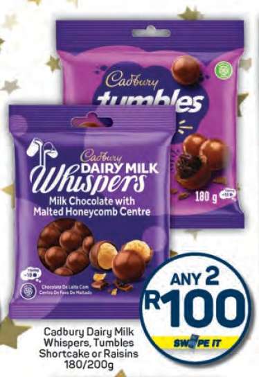 Cadbury Dairy Milk Whispers, Tumbles Shortcake or Raisins