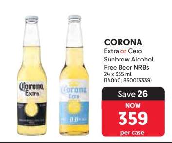 CORONA Extra or Cero Sunbrew Alcohol Free Beer NRBs