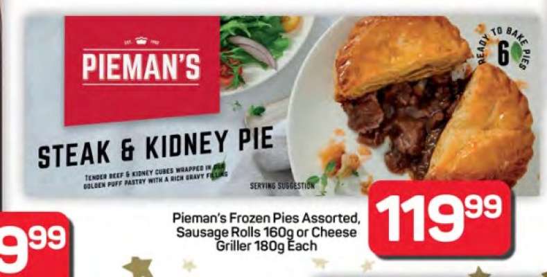 Pieman's Frozen Pies Assorted, Sausage Rolls 160g or Cheese Griller 180g Each