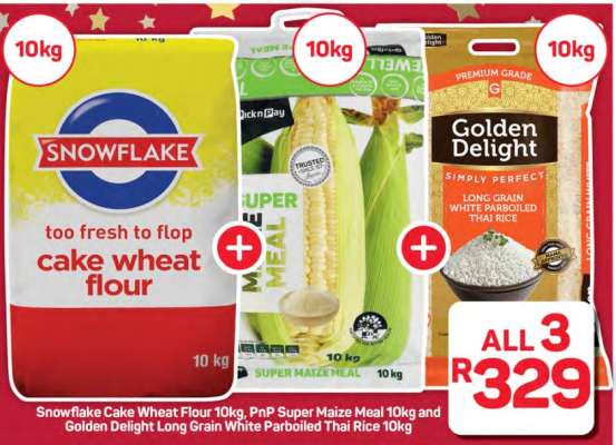 Snowflake Cake Wheat Flour 10kg, PnP Super Maize Meal 10kg and Golden Delight Long Grain White Parboiled Thai Rice 10kg