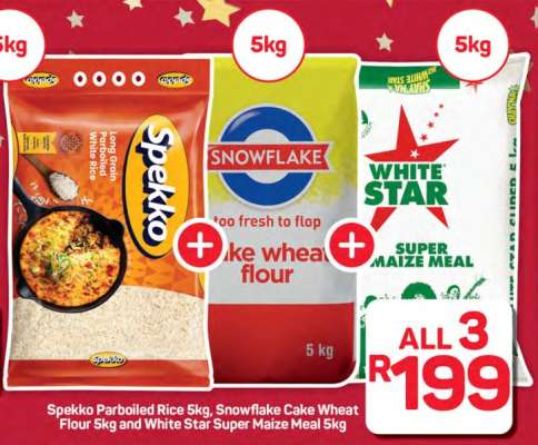 Spekko Parboiled Rice 5kg, Snowflake Cake Wheat Flour 5kg, White Star Super Maize Meal 5kg