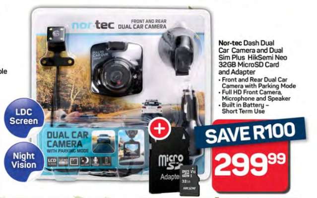 Nor-tec Dash Dual Car Camera and Dual Sim Plus HikSemi Neo 32GB MicroSD Card and Adapter