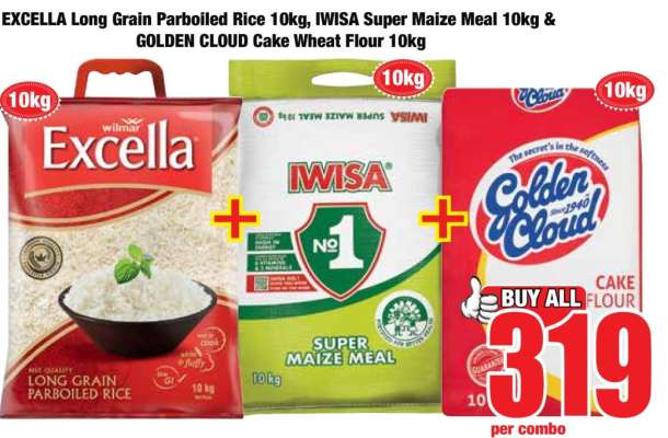 EXCELLA Long Grain Parboiled Rice 10kg, IWISA Super Maize Meal 10kg & GOLDEN CLOUD Cake Wheat Flour 10kg