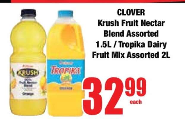 CLOVER Krush Fruit Nectar Blend Assorted 1.5L / Tropika Dairy Fruit Mix Assorted 2L
