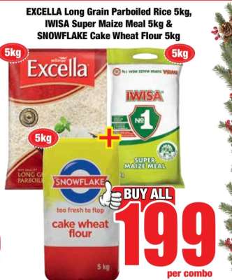 EXCELLA Long Grain Parboiled Rice 5kg, IWISA Super Maize Meal 5kg & SNOWFLAKE Cake Wheat Flour 5kg
