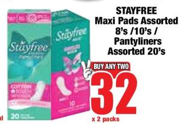 STAYFREE Maxi Pads Assorted 8's / 10's / Pantyliners Assorted 20's