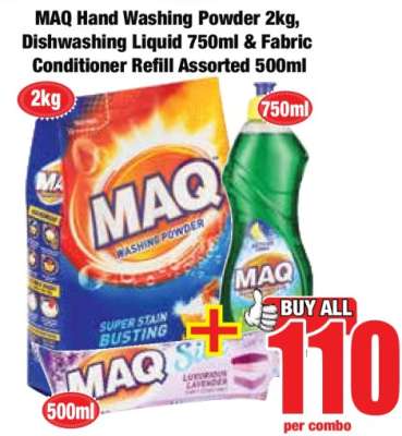 MAQ Hand Washing Powder 2kg, Dishwashing Liquid 750ml & Fabric Conditioner Refill Assorted 500ml