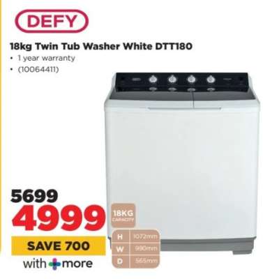 DEFY 18kg Twin Tub Washer White DTT180