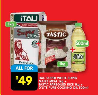 ITAU SUPER WHITE SUPER MAIZE MEAL 1kg + TASTIC PARBOILED RICE 1kg + D'LITE PURE COOKING OIL 500ml
