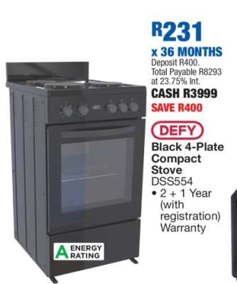 Defy Black 4-Plate Compact Stove DSS554