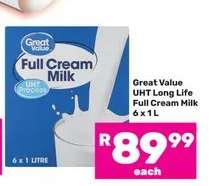 Great Value UHT Long Life Full Cream Milk 6 x 1 L