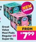 Great Value Maxi Pads Regular OR Super 8s