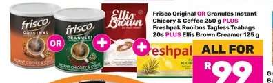 Frisco Original OR Granules Instant Chicory & Coffee 250 g PLUS Freshpak Rooibos Tagless Teabags 20s PLUS Ellis Brown Creamer 125 g