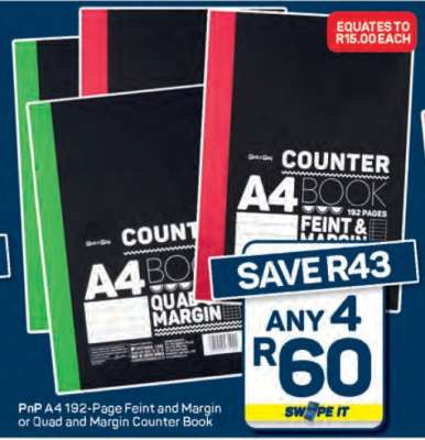 PnP A4 192-Page Feint and Margin or Quad and Margin Counter Book