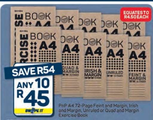 PnP A4 72-Page Feint and Margin, Irish and Margin, Unruled or Quad and Margin Exercise Book