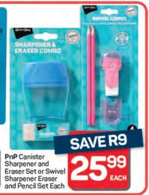 PnP Canister Sharpener and Eraser Set or Swivel Sharpener Eraser and Pencil Set Each