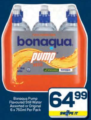 Bonaqua Pump Flavoured Still Water Assorted or Original 6 x 750ml Per Pack