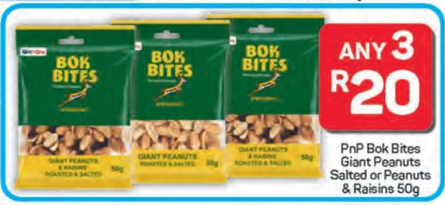 PnP Bok Bites Giant Peanuts Salted or Peanuts & Raisins 50g