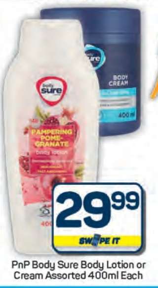 PnP Body Sure Body Lotion or Cream Assorted 400ml Each