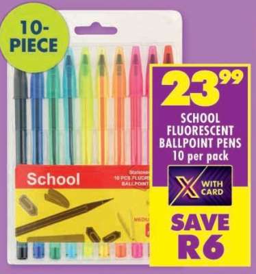 SCHOOL FLUORESCENT BALLPOINT PENS 10 per pack