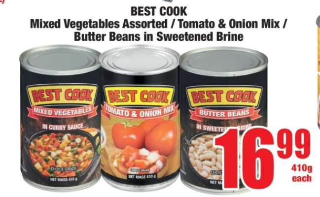 BEST COOK Mixed Vegetables Assorted / Tomato & Onion Mix / Butter Beans in Sweetened Brine