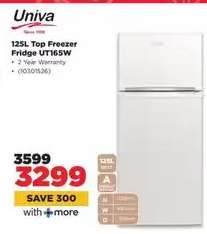 Univa 125L Top Freezer Fridge UT165W