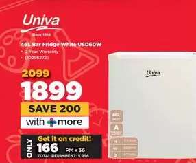 Univa 46L Bar Fridge White USD60W