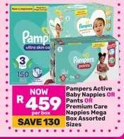 Pampers Active Baby Nappies OR Pants OR Premium Care Nappies Mega Box Assorted Sizes