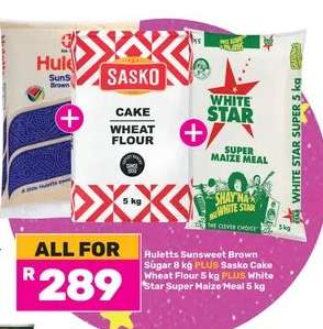Huletts Sunsweet Brown Sugar, Sasko Cake Wheat Flour, White Star Super Maize Meal