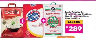 Excella Parboiled Rice, Golden Cloud Cake Flour, ACE Super Maize Meal
