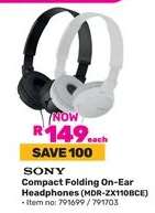 Sony Compact Folding On-Ear Headphones MDR-ZX110BCE