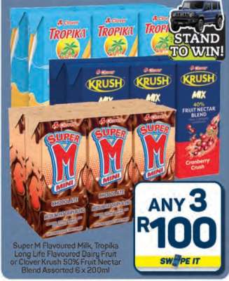Super M Flavoured Milk, Tropika Long Life Flavoured Dairy Fruit or Clover Krush 50% Fruit Nectar Blend