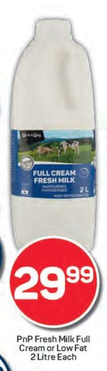PnP Fresh Milk Full Cream or Low Fat 2 Litre Each