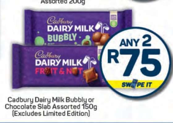 Cadbury Dairy Milk Bubbly or Chocolate Slab Assorted 150g