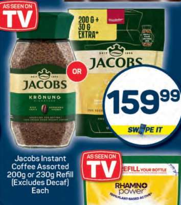 Jacobs Instant Coffee Assorted 200g or 230g Refill (Excludes Decaf) Each